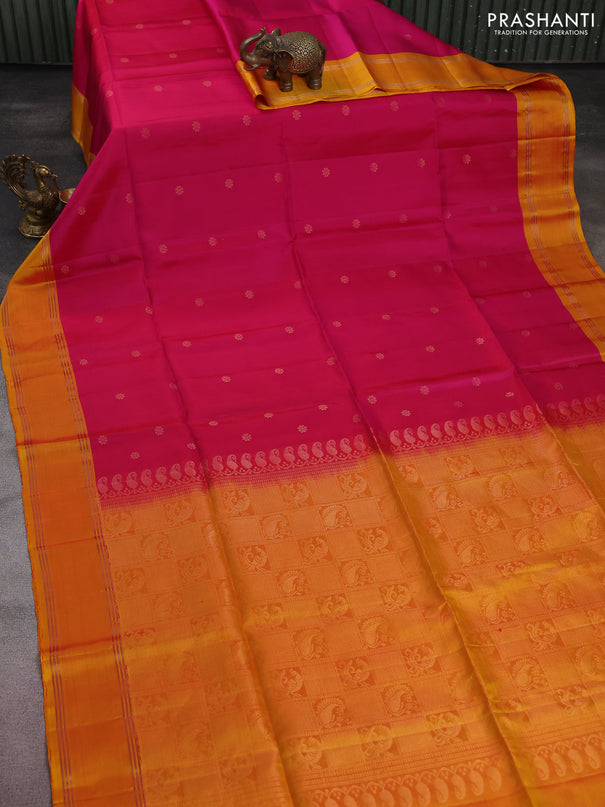 Pure soft silk saree pink and mustard yellow with zari woven floral buttas and rettapet zari woven border