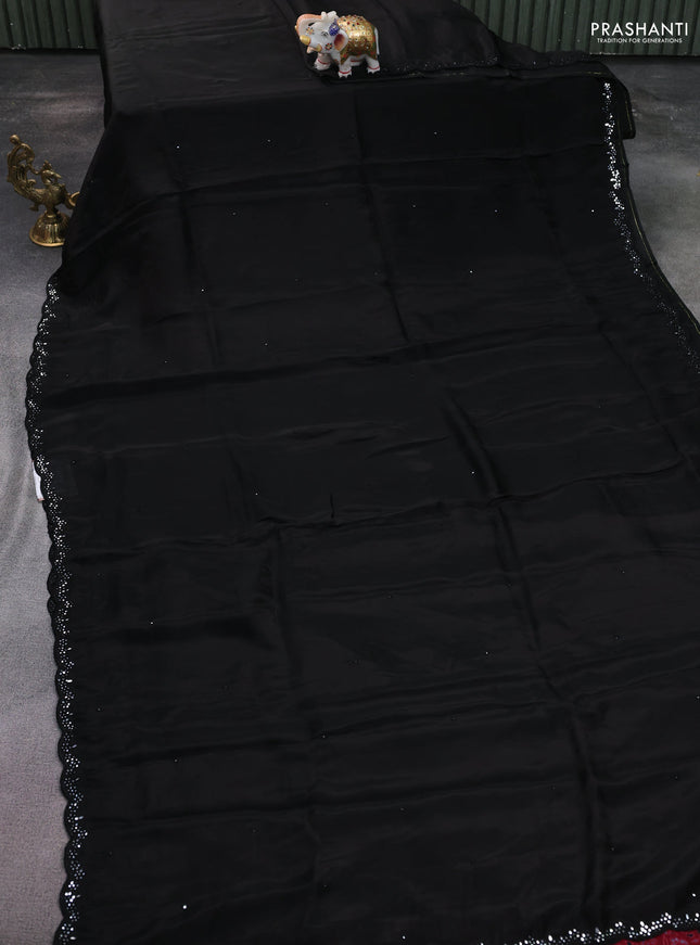 Satin crepe silk saree black and maroon with mirror work and ajrakh printed blouse