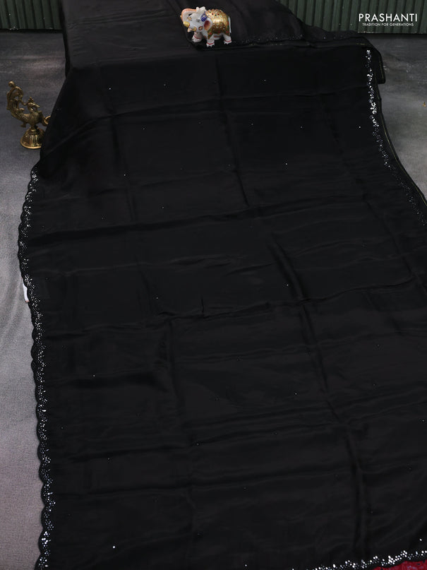 Satin crepe silk saree black and maroon with mirror work and ajrakh printed blouse