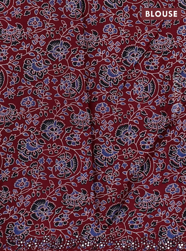 Satin crepe silk saree black and maroon with mirror work and ajrakh printed blouse