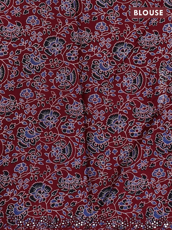 Satin crepe silk saree black and maroon with mirror work and ajrakh printed blouse