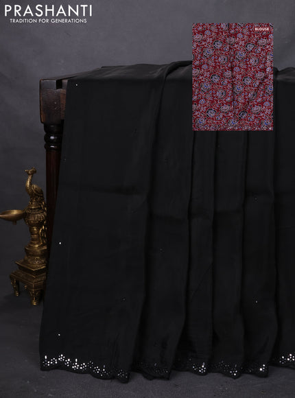 Satin crepe silk saree black and maroon with mirror work and ajrakh printed blouse