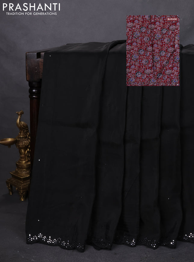 Satin crepe silk saree black and maroon with mirror work and ajrakh printed blouse