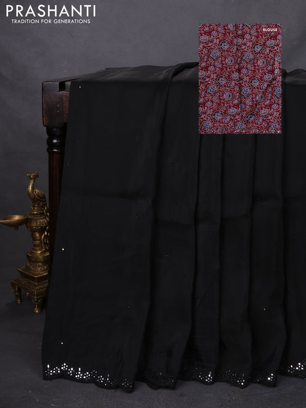Satin crepe silk saree black and maroon with mirror work and ajrakh printed blouse