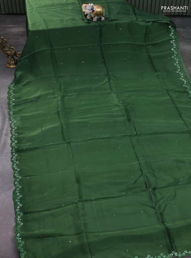 Satin crepe silk saree green and black with mirror work and ajrakh printed blouse
