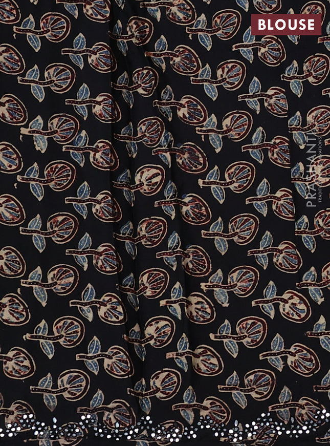 Satin crepe silk saree green and black with mirror work and ajrakh printed blouse