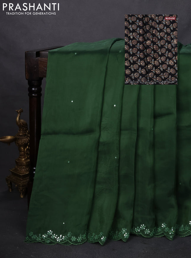 Satin crepe silk saree green and black with mirror work and ajrakh printed blouse