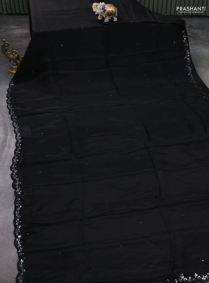 Satin crepe silk saree black and maroon with mirror work and ajrakh printed blouse