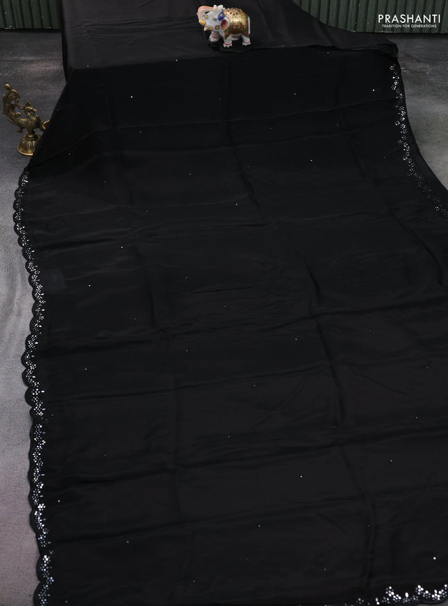 Satin crepe silk saree black and maroon with mirror work and ajrakh printed blouse