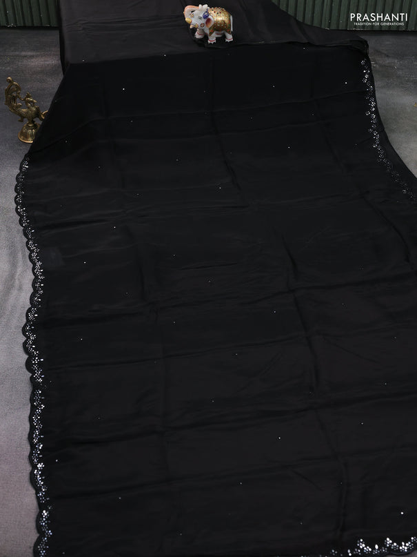 Satin crepe silk saree black and maroon with mirror work and ajrakh printed blouse