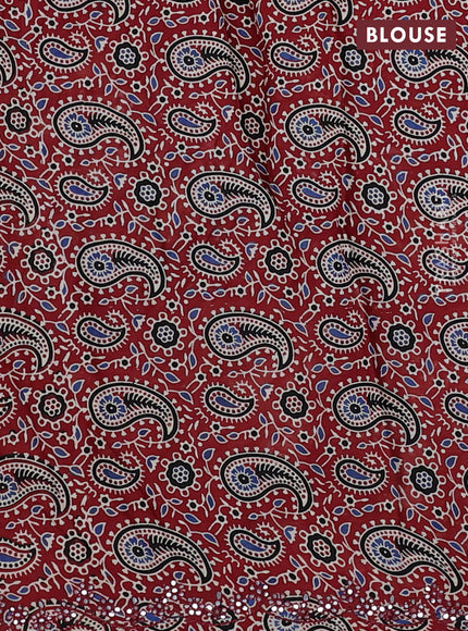 Satin crepe silk saree black and maroon with mirror work and ajrakh printed blouse