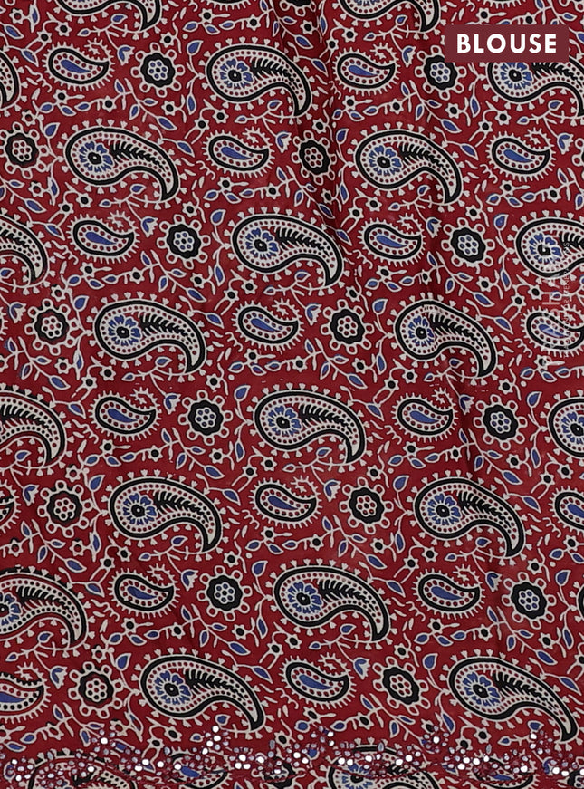 Satin crepe silk saree black and maroon with mirror work and ajrakh printed blouse