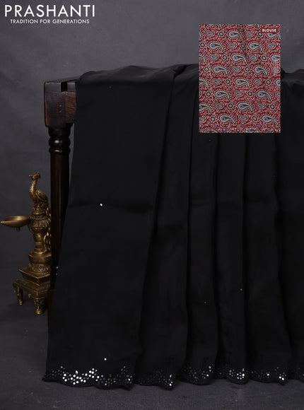 Satin crepe silk saree black and maroon with mirror work and ajrakh printed blouse