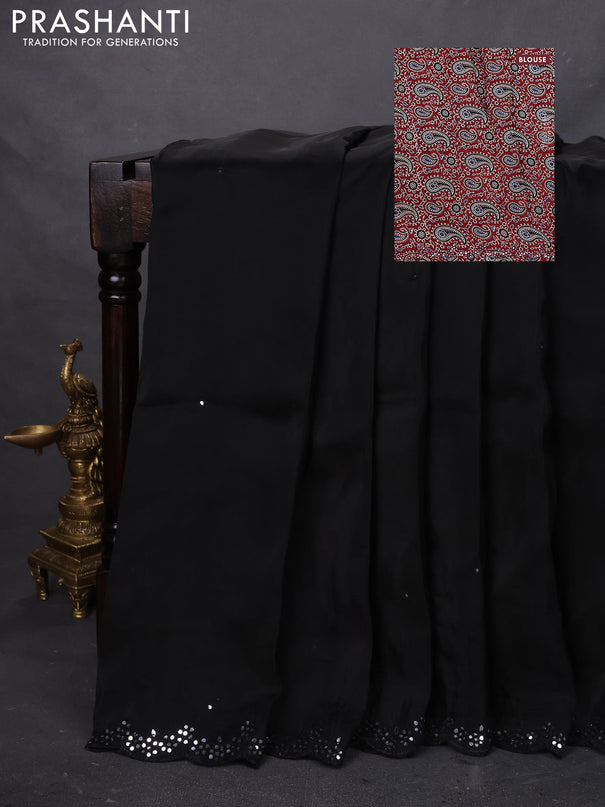 Satin crepe silk saree black and maroon with mirror work and ajrakh printed blouse