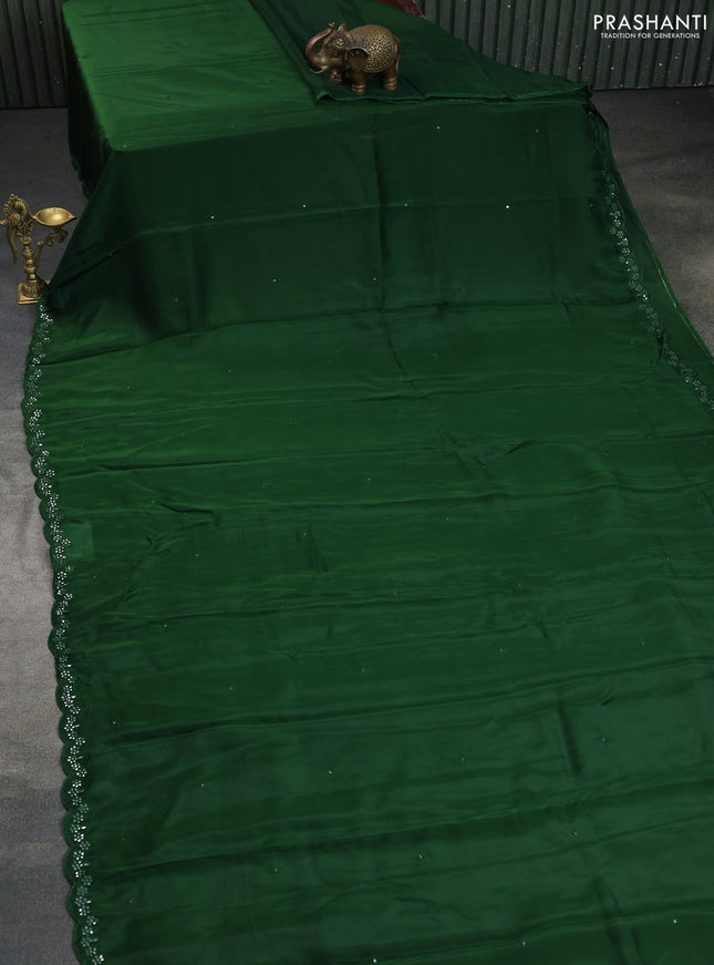 Satin crepe silk saree green and black with mirror work and ajrakh printed blouse