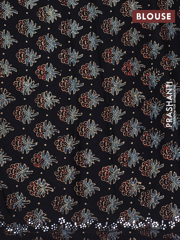 Satin crepe silk saree green and black with mirror work and ajrakh printed blouse