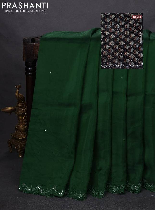 Satin crepe silk saree green and black with mirror work and ajrakh printed blouse