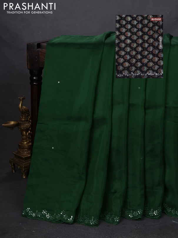 Satin crepe silk saree green and black with mirror work and ajrakh printed blouse