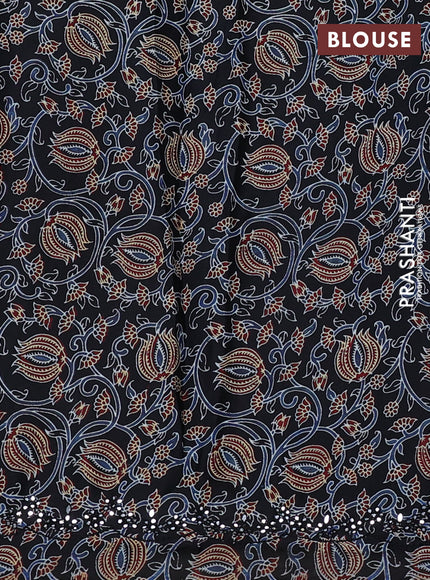 Satin crepe silk saree sandal and black with mirror work and ajrakh printed blouse
