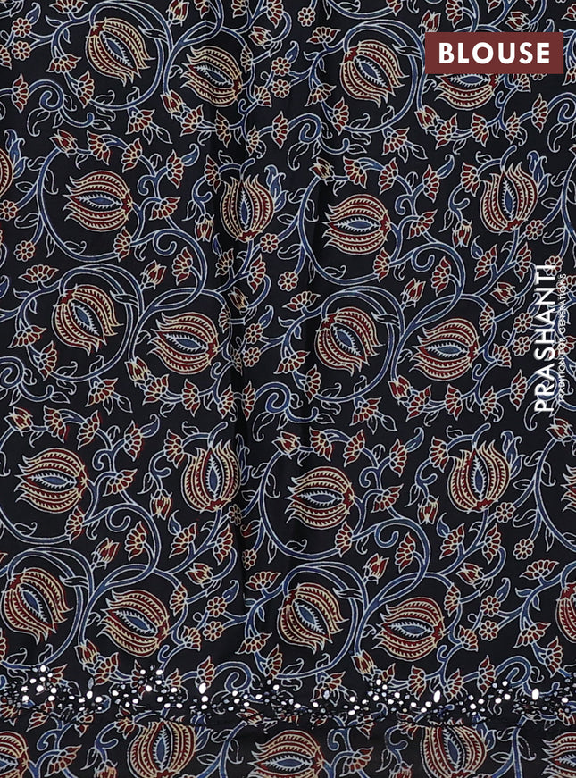 Satin crepe silk saree sandal and black with mirror work and ajrakh printed blouse