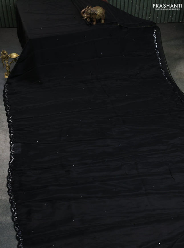 Satin crepe silk saree black and maroon with mirror work and ajrakh printed blouse