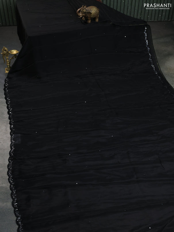 Satin crepe silk saree black and maroon with mirror work and ajrakh printed blouse