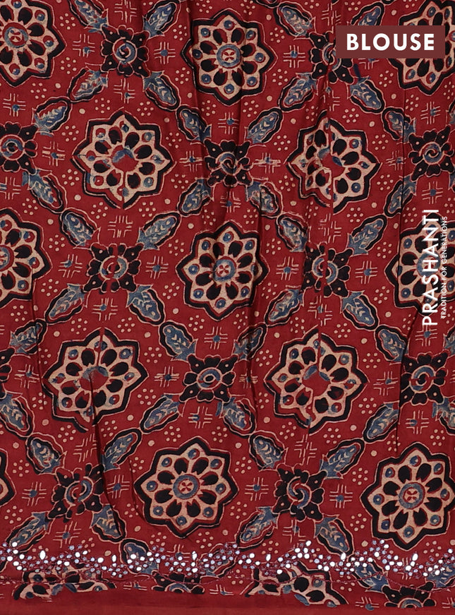 Satin crepe silk saree black and maroon with mirror work and ajrakh printed blouse