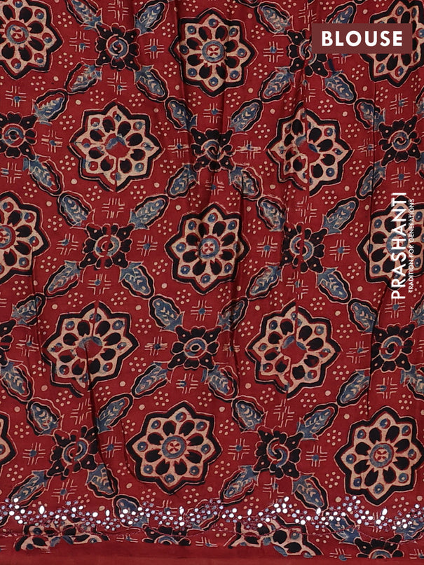 Satin crepe silk saree black and maroon with mirror work and ajrakh printed blouse