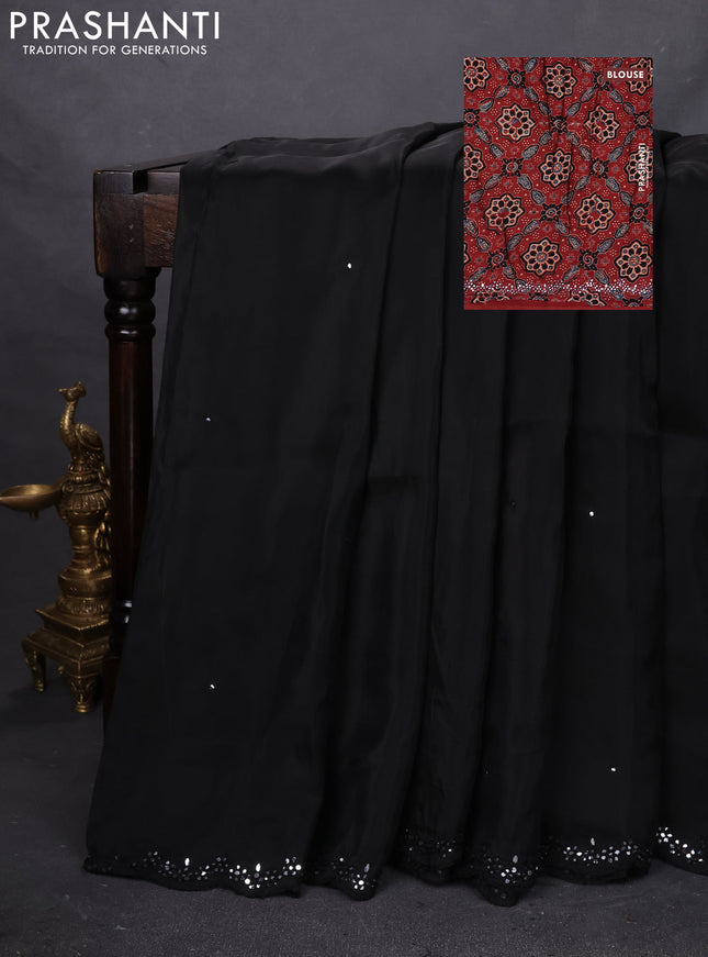 Satin crepe silk saree black and maroon with mirror work and ajrakh printed blouse