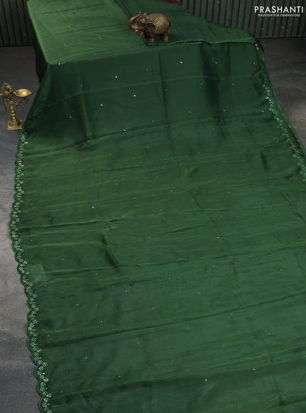 Satin crepe silk saree sap green and black with mirror work and ajrakh printed blouse