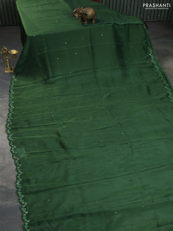 Satin crepe silk saree sap green and black with mirror work and ajrakh printed blouse