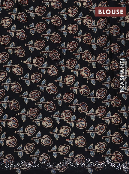 Satin crepe silk saree sap green and black with mirror work and ajrakh printed blouse