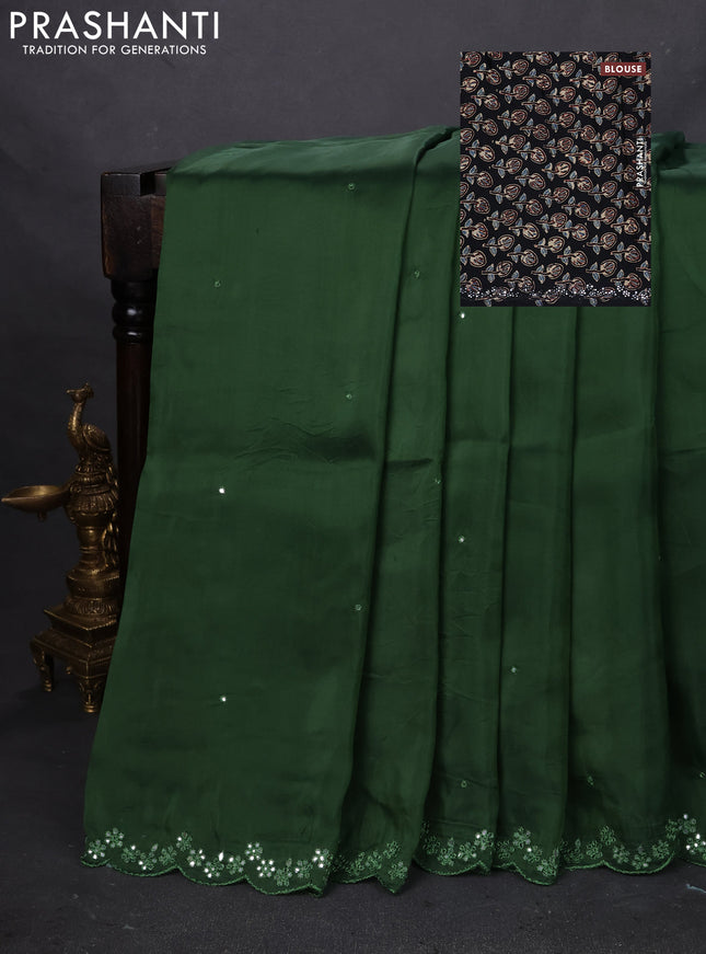 Satin crepe silk saree sap green and black with mirror work and ajrakh printed blouse