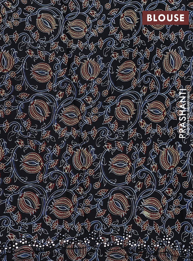 Satin crepe silk saree red shade and black with mirror work and ajrakh printed blouse