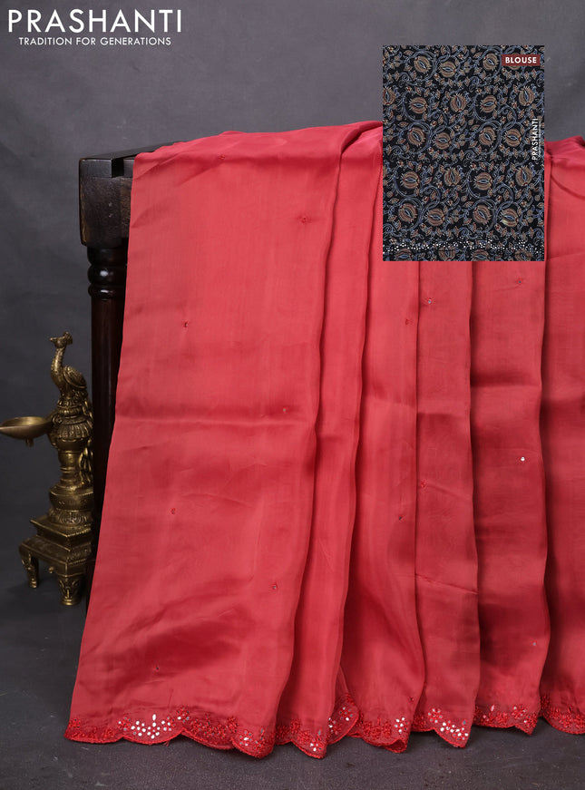 Satin crepe silk saree red shade and black with mirror work and ajrakh printed blouse
