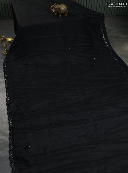 Satin crepe silk saree black and blue with mirror work and ajrakh printed blouse