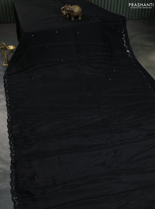 Satin crepe silk saree black and blue with mirror work and ajrakh printed blouse