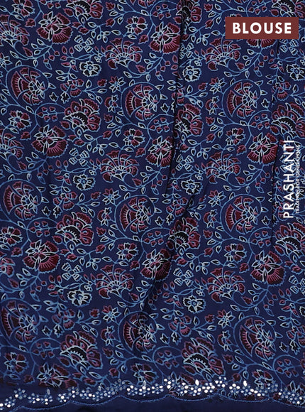 Satin crepe silk saree black and blue with mirror work and ajrakh printed blouse