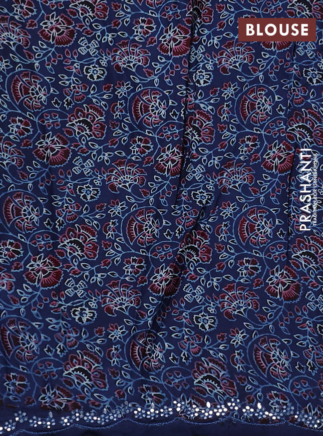 Satin crepe silk saree black and blue with mirror work and ajrakh printed blouse