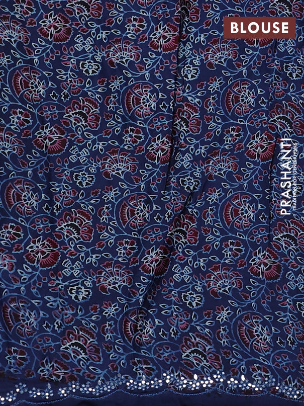 Satin crepe silk saree black and blue with mirror work and ajrakh printed blouse
