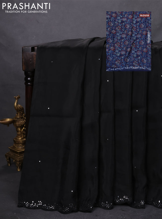 Satin crepe silk saree black and blue with mirror work and ajrakh printed blouse