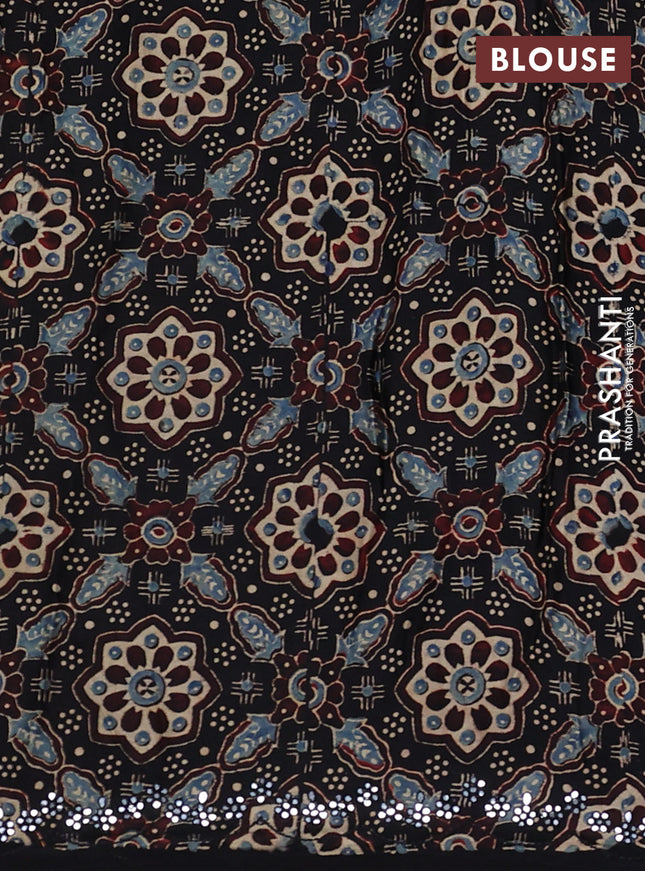 Satin crepe silk saree cream and black with mirror work and ajrakh printed blouse