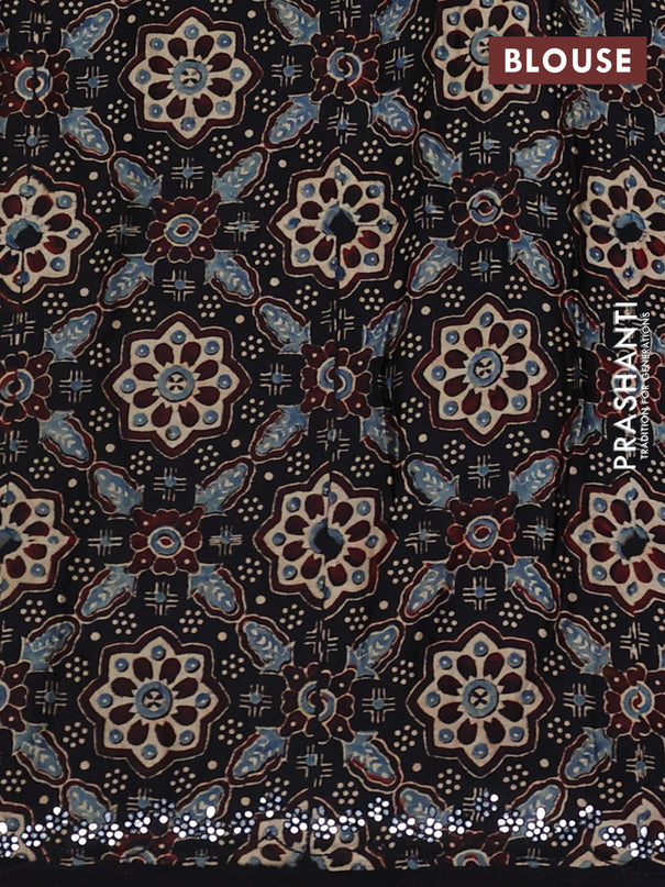 Satin crepe silk saree cream and black with mirror work and ajrakh printed blouse