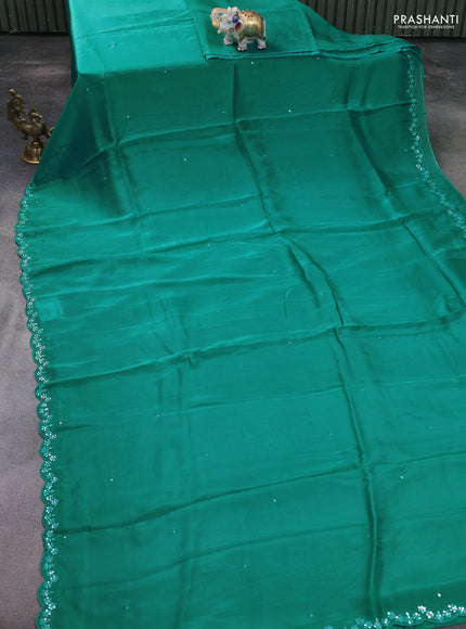 Satin crepe silk saree teal blue and navy blue with mirror work and ajrakh printed blouse