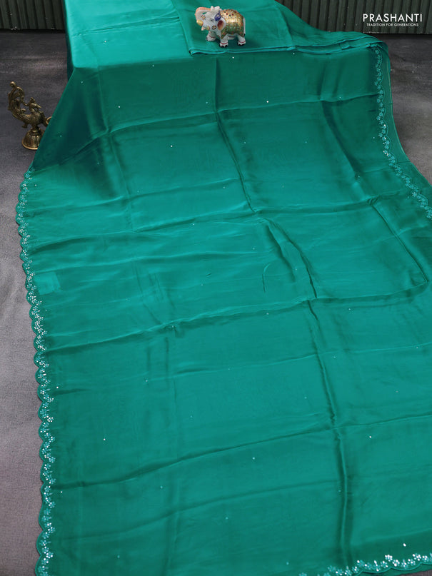 Satin crepe silk saree teal blue and navy blue with mirror work and ajrakh printed blouse