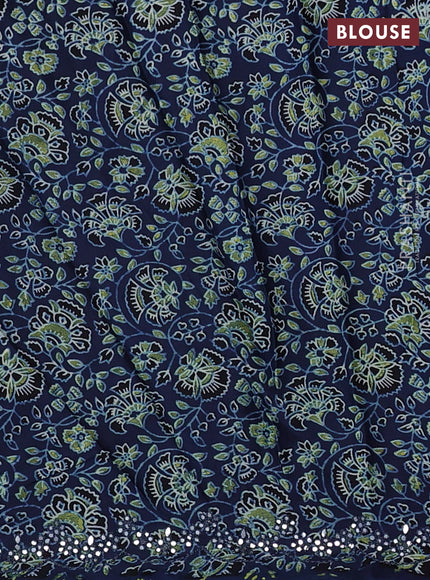 Satin crepe silk saree teal blue and navy blue with mirror work and ajrakh printed blouse