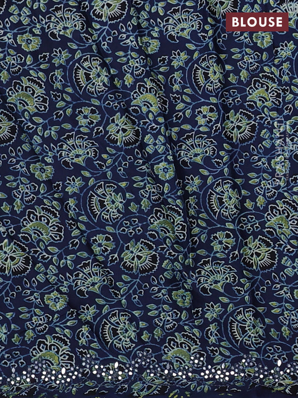 Satin crepe silk saree teal blue and navy blue with mirror work and ajrakh printed blouse