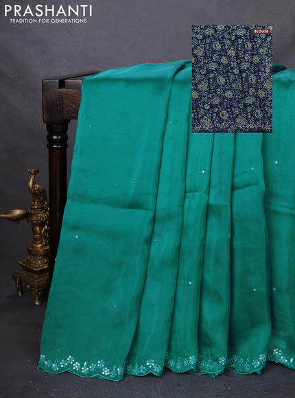 Satin crepe silk saree teal blue and navy blue with mirror work and ajrakh printed blouse