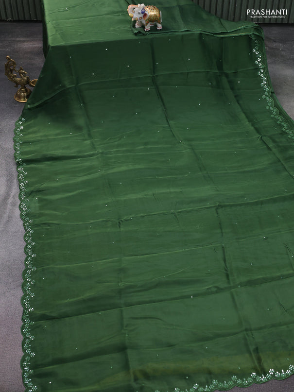 Satin crepe silk saree green and mustard yellow with mirror work and ajrakh printed blouse