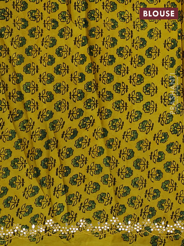 Satin crepe silk saree green and mustard yellow with mirror work and ajrakh printed blouse